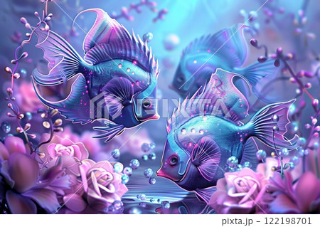 Vibrant fantasy fish in underwater floral...のイラスト素材 [122198701] - PIXTA