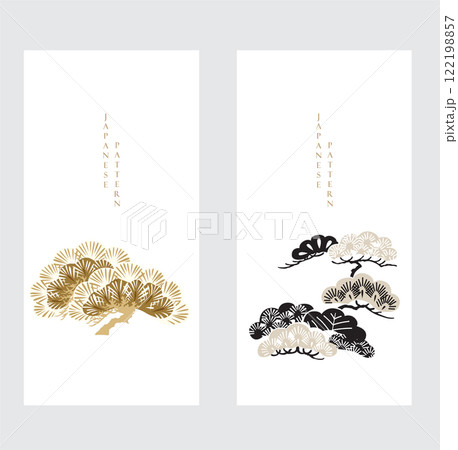 Japanese background with Asian traditional icon vector. Black and white bonsai tree or pine tree elements. Natural art with brown background in vintage style. 122198857
