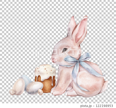Watercolor hand drawn Illustration of Easter Bunny or rabbit and Kulich with White Icing and Colorful Sprinkles. Colored Chicken and quail eggs and Traditional Easter cake and adorneds. Watercolor hand drawn Illustration of Easter Bunny or rabbit and Kulich with White Icing and Colorful Sprinkles. Colored Chicken and quail eggs and Traditional Easter cake and adorneds. 122198953