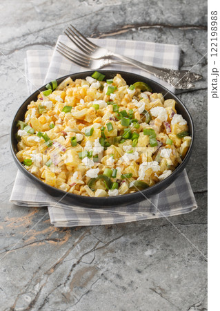 Mexican Street Corn Potato Salad with spicy jalapenos, boiled eggs, fresh green and red onions, and salty cotija cheese closeup on the plate. Vertical 122198988