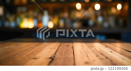 Vacant bar countertop and stools in inviting pub environment, product placement, showcasing beverages, food items, or promotional materials, background for advertising and marketing 122199308