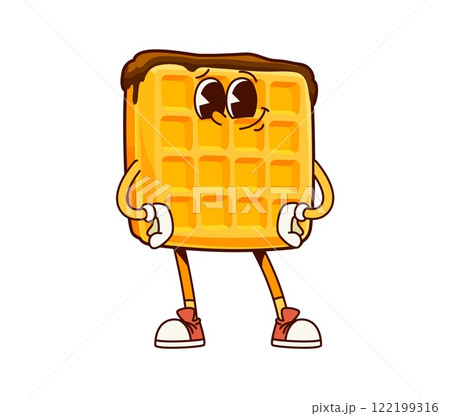 Fastfood groovy belgian waffle character. Takeaway sweet waffle with chocolate syrup funny character, fastfood cafe dessert or pastry meal groovy isolated vector personage or cute cartoon mascot 122199316