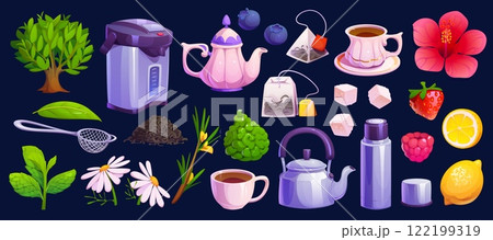 Flower herbal, fruit and berry cartoon tea set, vector hot drink and food. Cup, mug, teapot and kettle, lemon, sugar, tea bags and leaves, mint, infuser spoon, chamomile and hibiscus, strawberry, herb Flower herbal, fruit and berry cartoon tea set, vector hot drink and food. Cup, mug, teapot and kettle, lemon, sugar, tea bags and leaves, mint, infuser spoon, chamomile and hibiscus, strawberry, herb 122199319