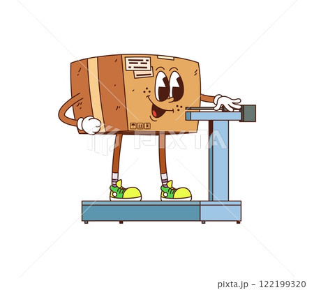 Cartoon groovy delivery cardboard box character weighing. Isolated vector funny parcel retro personage standing on scales with smiling face. Friendly cargo pack ready for mail or post shipping service 122199320