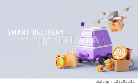 3d smart delivery service render banner. Drone shipping parcel box. Robot courier delivers fast food order from restaurant, bag with pizza, burger, drink. Modern logistic technology. 3D illustration 122199333
