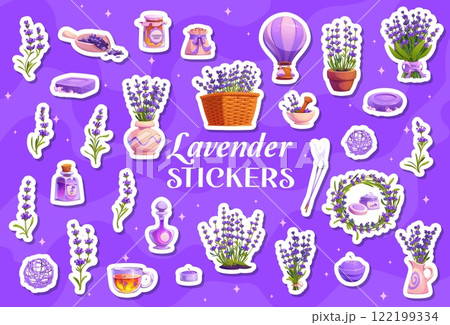 Cartoon stickers pack of lavender flowers and herbal Provence cosmetics, vector icons. Lavender stickers of soap and SPA cream, French aromatherapy candles and oil essence with air balloon and tea 122199334