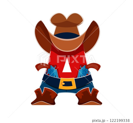 Letter A as Western cowboy font, wild west typeface, type, sheriff English alphabet cartoon complete with hat, boots and guns on a belt. Vector abc character representing a western Texas cowpuncher Letter A as Western cowboy font, wild west typeface, type, sheriff English alphabet cartoon complete with hat, boots and guns on a belt. Vector abc character representing a western Texas cowpuncher 122199338