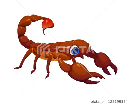Cartoon scorpion funny insect character with big blue eyes dangerous sting and claws. Isolated vector desert pest predator, poisonous animal personage for children books or games, zodiac symbol 122199354