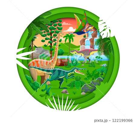 Paper cut prehistoric era landscape with tropical forest, dinosaurs and reptile characters. Vector brachiosaurus, suchomimus, quetzalcoatlus and tarbosaurus dino animals in 3d paper cut round frame 122199366