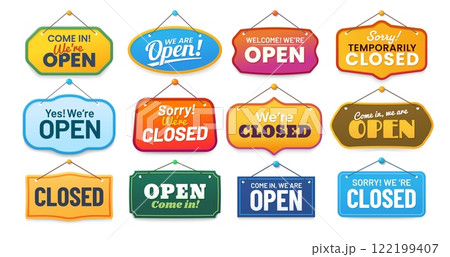 Open and closed shop board signs, vector notice signboards set. Cartoon vintage hanging door tags and banners with welcome we are open and sorry we are closed signs, store, cafe, and bar color labels 122199407