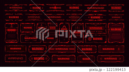 Futuristic warning alert HUD frames. Danger warning HUD red windows or boxes set. Security alert isolated vector transparent display or caution, attention system window frame with exclamation marks Futuristic warning alert HUD frames. Danger warning HUD red windows or boxes set. Security alert isolated vector transparent display or caution, attention system window frame with exclamation marks 122199413