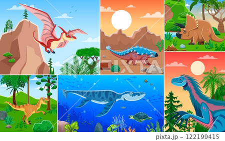 Prehistoric reptile and dinosaur characters collage showcases cartoon vector dino species like pterosaurs, marine reptiles, and terrestrial dinosaurs in their natural habitats and ancient environments 122199415