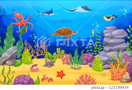 Sea underwater landscape with ocean animals and fishes, vector cartoon background. Undersea landscape with funny octopus, turtle and fugu fish with marlin and stingray in coral reef seaweeds 122199434