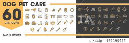 Dog pet care line icons of food, supplies for grooming and treats, vector symbols. Dog pet care icons of bone toy, bowl and pillow bed, leash with harness or collar and carrier bag with dog shampoo Dog pet care line icons of food, supplies for grooming and treats, vector symbols. Dog pet care icons of bone toy, bowl and pillow bed, leash with harness or collar and carrier bag with dog shampoo 122199435