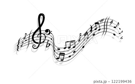 Song and music wave with notes on lines and clef. Orchestra melody notes wave pattern. Symphony vintage isolated vector backdrop or classic music concert sound monochrome background Song and music wave with notes on lines and clef. Orchestra melody notes wave pattern. Symphony vintage isolated vector backdrop or classic music concert sound monochrome background 122199436