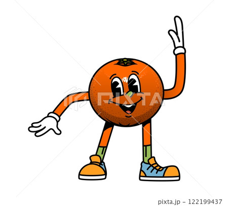 Cartoon groovy orange fruit character with happy face and cute smile, vector emoji. Groovy orange with silly emotion of positive vibes and happiness in hipster shoes for fruit retro cartoon character Cartoon groovy orange fruit character with happy face and cute smile, vector emoji. Groovy orange with silly emotion of positive vibes and happiness in hipster shoes for fruit retro cartoon character 122199437
