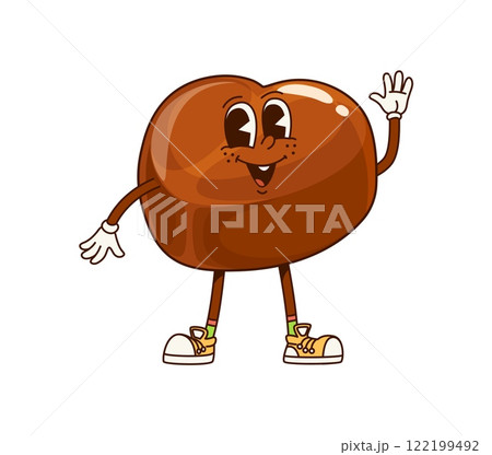 Groovy chocolate candy sweet character expressing joy and energy. Isolated vector confection pastry retro personage with friendly smile, waves cheerfully while wearing sneakers with fun and happiness 122199492