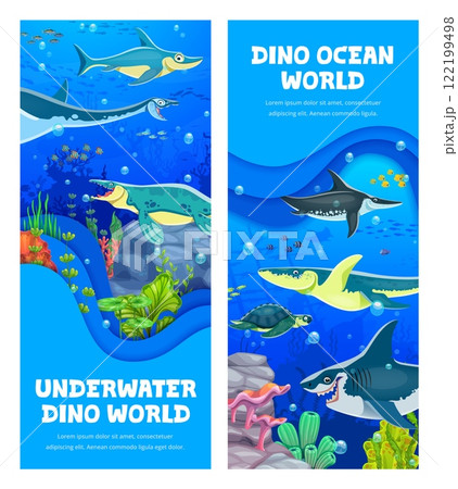 Paper cut banners with underwater prehistoric dinosaur characters. Ocean extinct dinosaurs reptiles vector posters with ophthalmosaurus, elasmosaurus, tylosaurus and ichthyosaur, kronosaurus, archelon 122199498