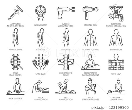 Chiropractic medicine line icons, vector massage therapy, physiotherapy and rehabilitation. Chiropractor doctor, physio medical treatment for back, spine and neck pain, chiropractic equipment symbols 122199500