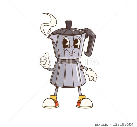 Cartoon groovy moka pot cheerful character. Coffee beverage or drink vintage brewer or maker isolated groovy vector mascot. Moka pot kettle funny personage or happy smiling character shoving thumb up 122199504