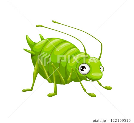 Cartoon funny aphid insect character. Isolated vector parasite bug or pest personage with large expressive eyes. Aphid beetle, greenfly or blackfly vermin insect with a vivid green color and antennas 122199519