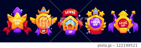 Level up game reward, user rate icons. Cartoon vector badges signify progression and achievement, victory and success in gaming. Gui pop up elements for mobile games, apps, or gamification projects 122199521