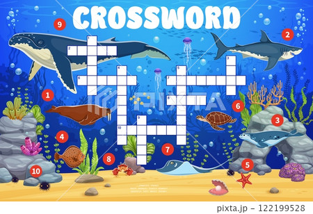 Crossword quiz game grid with sea underwater animals. Vector worksheet of kids word puzzle with cartoon shark, whale, starfish and turtle, crab, seal, flounder, walrus. Marine life crossword quiz game 122199528