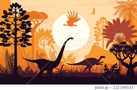 Dinosaurs silhouettes at sunset vector background. Prehistoric dino animals and birds in jungle forest with ancient trees, plants and setting sun. Jurassic nature landscape with dinosaurs silhouettes 122199535