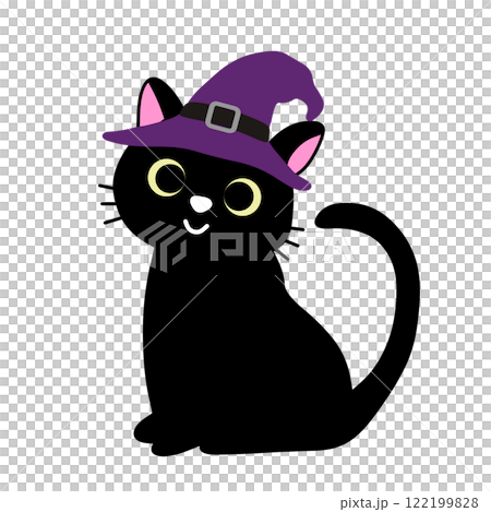 Cute smiling black cat wearing a purple witch's hat 122199828