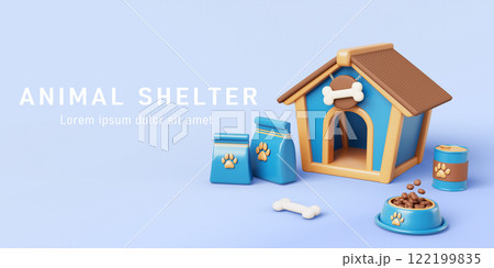 Animal shelter 3d banner. Adopt friend, dog house with bowl, feed bag, bone on blue background render. Help homeless animals find home. Pets adoption, volunteering and charity concept. 3D illustration 122199835