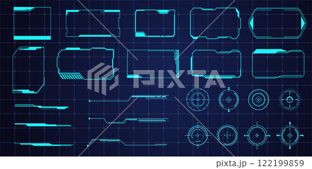 Futuristic HUD frames, borders text box game menu ui panel. Line tech line bar. Screen elements Sci Fi for Gaming UX UI 122199859