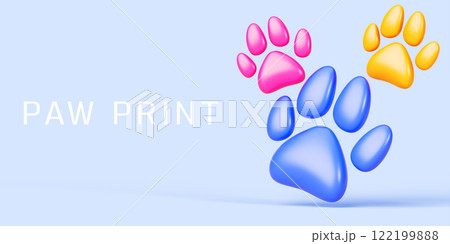3d paw print cartoon banner. Cute color dog or cat footprints on blue background. Poster template for pet shop, grooming salon or veterinary clinic. Adoption homeless animals concept. 3D illustration 122199888