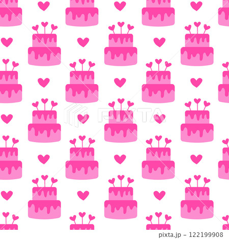 Seamless pattern with Pink Valentine Day Cake and heart. Vector flat illustration. Seamless pattern with Pink Valentine Day Cake and heart. Vector flat illustration. 122199908