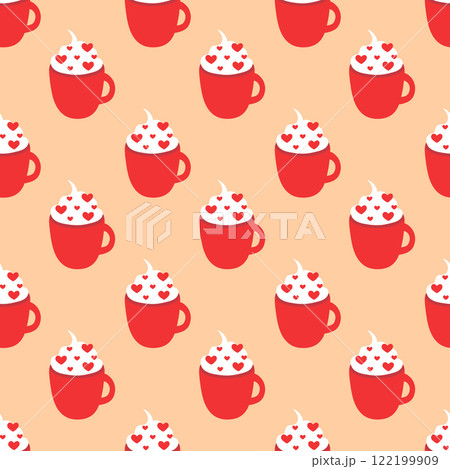 Seamless Pattern. Red Valentine Day cup with whipped cream and hearts sprinkles. Vector flat illustration. Seamless Pattern. Red Valentine Day cup with whipped cream and hearts sprinkles. Vector flat illustration. 122199909