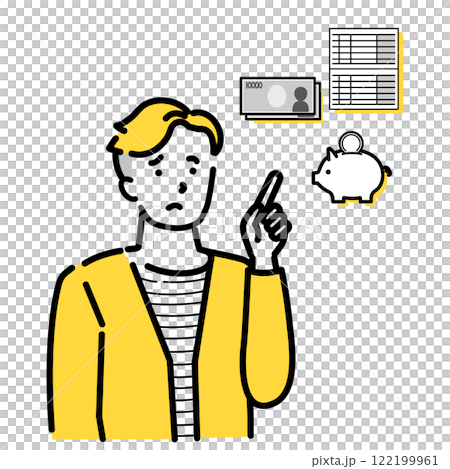 Illustration of a young man pointing at something while worrying about savings 122199961