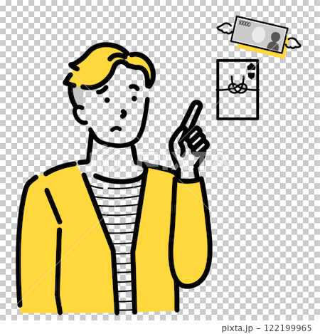 Illustration of a young man pointing at something while worrying about paying a gift 122199965