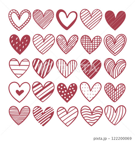 Vector illustration. A collection of hearts in red and pink colors, each heart is decorated in its own technique with lines, strokes or patterns. Vector illustration. A collection of hearts in red and pink colors, each heart is decorated in its own technique with lines, strokes or patterns. 122200069