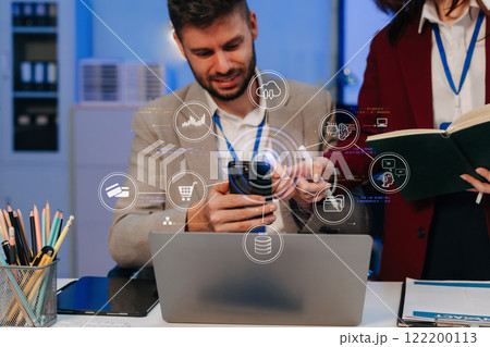 Digital transformation technology strategy, Person using laptop, tablet and smartphone with of things. transformation of ideas and the adoption. 122200113