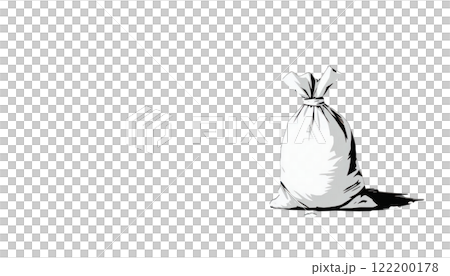 A burlap sack sits on a dark background. 122200178