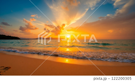 Sunset beach, golden hour, ocean waves, sandy shore, colorful sky, serene landscape, tropical paradise, evening light, peaceful scene, nature beauty, coastal view, horizon, tranquil water Sunset beach, golden hour, ocean waves, sandy shore, colorful sky, serene landscape, tropical paradise, evening light, peaceful scene, nature beauty, coastal view, horizon, tranquil water 122200305