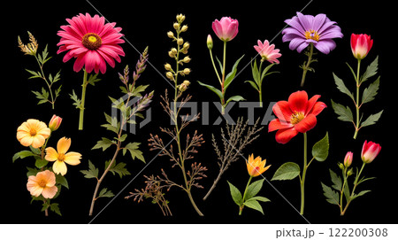 Mixed floral collection isolated on black background vibrant petals colorful blooms elegant natural design elements perfect for creative project 122200308