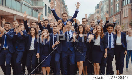 Group of business professionals in outdoor office, celebrating success, raising hands, teamwork and collaboration, diverse team in formal attire, corporate achievement, 122200348