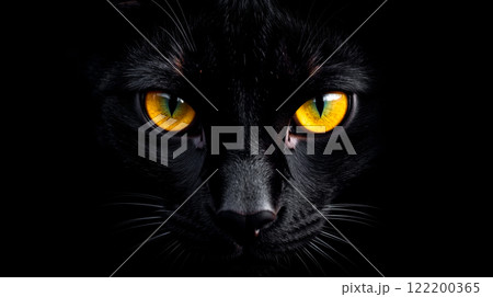 Close-up of black cat with glowing yellow eyes, mysterious expression, dark background, feline beauty, night animal, elegance, sharp gaze Close-up of black cat with glowing yellow eyes, mysterious expression, dark background, feline beauty, night animal, elegance, sharp gaze 122200365