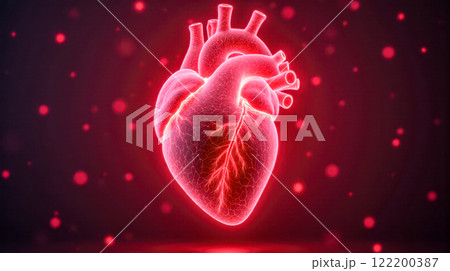Detailed 3D rendering of human heart in vibrant red light showing veins arteries chambers, medical healthcare, cardiovascular anatomy Detailed 3D rendering of human heart in vibrant red light showing veins arteries chambers, medical healthcare, cardiovascular anatomy 122200387
