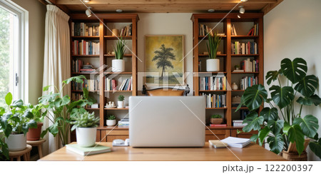 Home office setup with wooden shelves, books, plants, computer on desk, orange chair, large window, natural light, bright atmosphere, comfortable and stylish space, work or study Home office setup with wooden shelves, books, plants, computer on desk, orange chair, large window, natural light, bright atmosphere, comfortable and stylish space, work or study 122200397