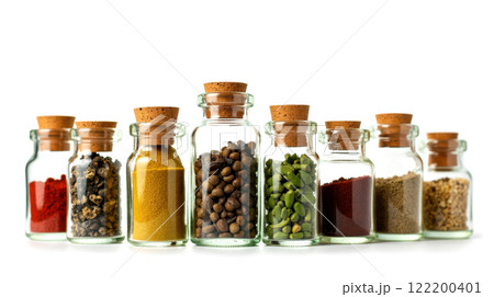 Glass jars filled with diverse colorful spices and herbs on white background, close-up view, each jar with cork lids, arranged in row, showcasing various natural culinary ingredients 122200401