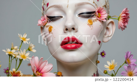Beautiful young woman with porcelain-like skin using natural cosmetic products, promoting beauty and wellness. advertising and marketing materials focusing on natural skincare and beauty 122200414