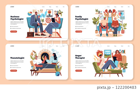 Psychotherapist set. Illustrated web banners depicting various therapy sessions, with a focus on business, family, grief, and anger management. Vector illustration. 122200483