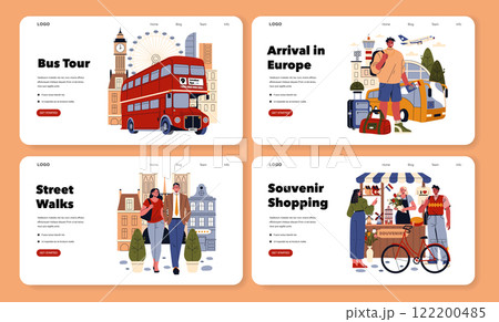 Eurotour concept. Travel exploration across Europe featuring bus tours, cultural experiences, and local markets. Discover iconic landmarks, enjoy street walks, and shop for souvenirs. Vector 122200485