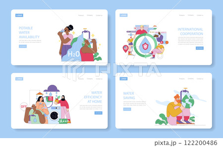 World Water Day illustration. Focuses on themes of water availability, efficiency, and conservation efforts. Highlights the global importance of sustainable water practices through various activities 122200486